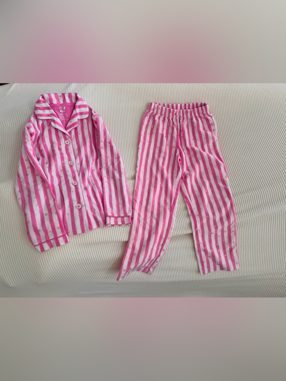 Max & Olivia Girls Pink Striped Fleece Pajama Set Size 7/8 Gold Hearts